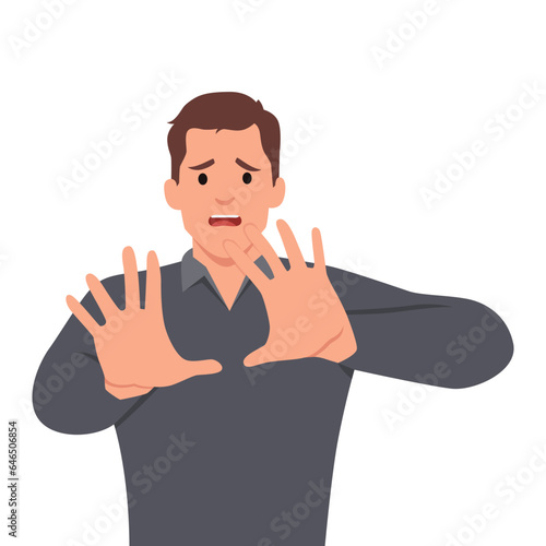 Young business man shocked, afraid, scared, and terrified with fear expression while opened mouth, stop gesture with palm hands. Flat vector illustration isolated on white background