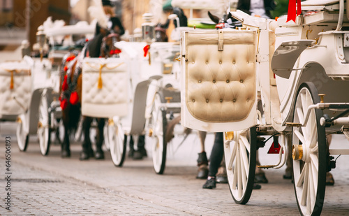 Old-fashioned Coach Carriages At Old European Town. Close Up.