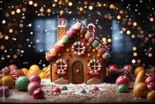 Photo of a whimsical gingerbread house adorned with colorful candy and sweets created with Generative AI technology