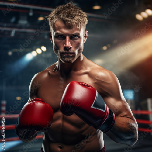 Emotional strong man boxers in dynamic action in boxing ring 