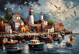 Oil painting of a clamoring harbor town, with fishing boats, seagulls, and a beacon behind the scenes, high difference, sensational lighting, and vigorously finished brushstrokes.