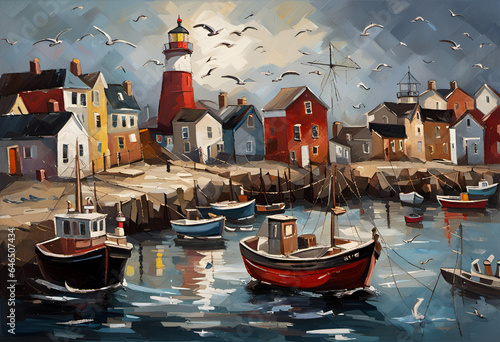Oil painting of a clamoring harbor town, with fishing boats, seagulls, and a beacon behind the scenes, high difference, sensational lighting, and vigorously finished brushstrokes. photo