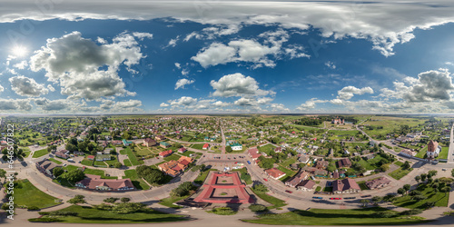 aerial hdri 360 panorama view from great height on buildings, churches and center market square of provincial city in equirectangular seamless spherical  projection. use as sky replacement for drone