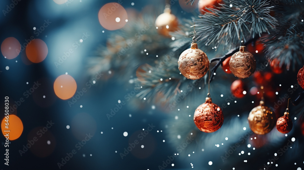 Close up of lighted Christmas tree Ornament, winter holidays decoration, copy Space, greeting card Close up of lighted Christmas tree Ornament, winter holidays decoration, copy Space, greeting card