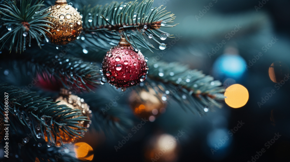 Close up of lighted Christmas tree Ornament, winter holidays decoration, copy Space, greeting card