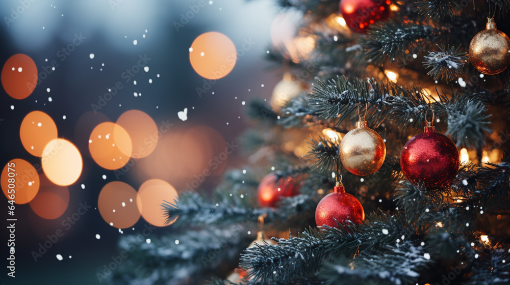 Close up of lighted Christmas tree Ornament, winter holidays decoration, copy Space, greeting card Close up of lighted Christmas tree Ornament, winter holidays decoration, copy Space, greeting card