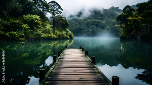 Mesmerizing Wooden Jetty Extending into Serene Rainforest Lake covered with Water Lillies.