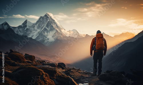 Male hiker traveling, walking alone in Himalayas under sunset light, man traveler enjoys with backpack hiking in mountains. Travel, adventure, relax, recharge concept.