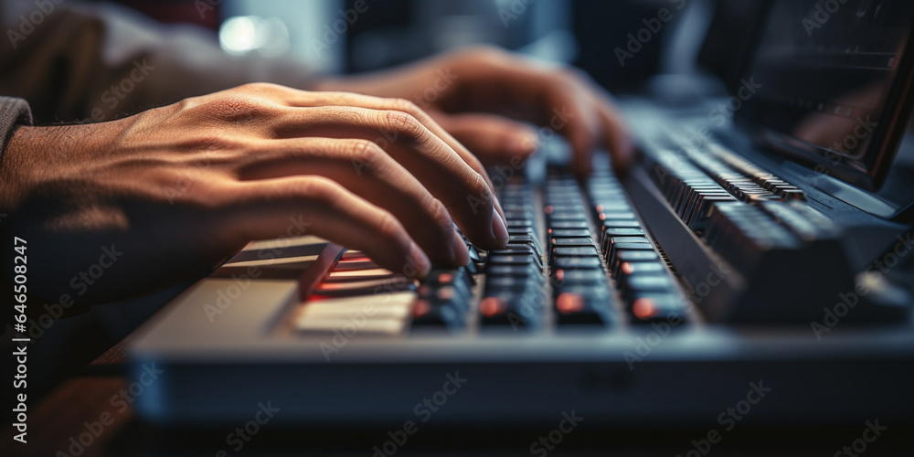 Close-up of the person's hand typing on the keyboard on the laptop. Close-up of the person's hand typing on the keyboard on the laptop.