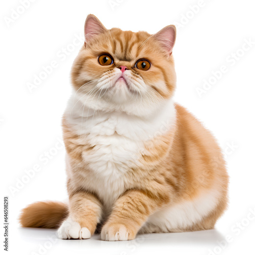 Chubby exotic shorthair Cat sitting isolated background