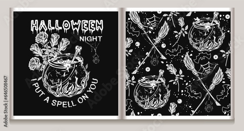 Set of halloween pattern and logo with witch cauldron with bubbling potion, fire, scattered eyeballs, broom, roses, spider, bat, text Halloween Night, I put spell on you. Vintage style