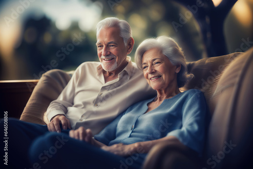 Healthy elderly couple in their 70s sitting outdoors enjoying retirement. Golden years and modern aging