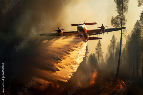 Plane drops water to put out forest fire. AI generated