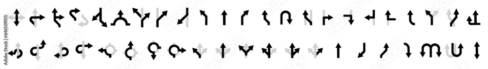 Path or direction on arrows sign collage. Road navigation arrows on a white background. Vector black line branching road arrow. Marking the direction of movement, the location of the intersection poin Path or direction on arrows sign collage. Road navigation arrows on a white background. Vector black line branching road arrow. Marking the direction of movement, the location of the intersection poin
