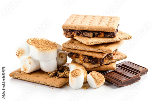 S'mores with marshmallows, chocolate and crackers isolated on white background