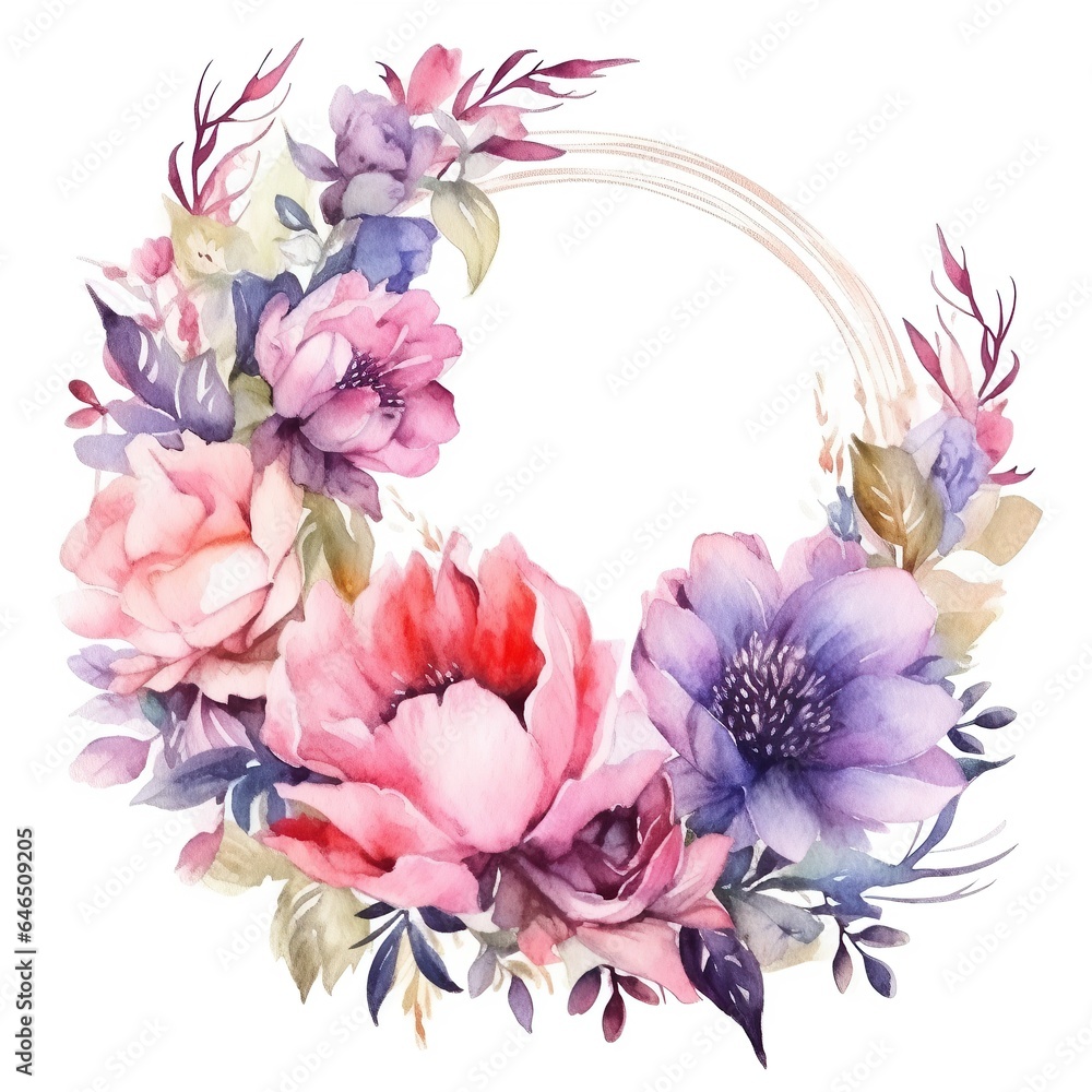 Fototapeta premium Watercolor bouquet round floral wedding frame on transparent background. Generative AI