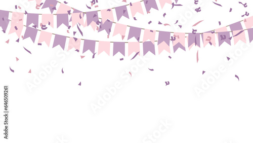 Fototapeta Naklejka Na Ścianę i Meble -  purple pink party flags with confetti falling on transparent background. celebration and birthday. vector illustration