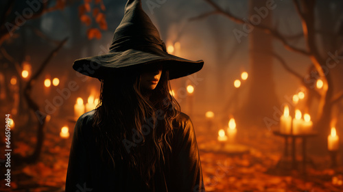 Halloween with a young witch standing in an enchanted forest. Generative AI