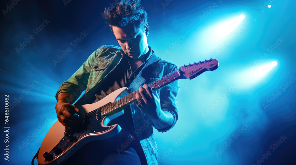 Obraz premium Male musician playing guitar at a rock concert