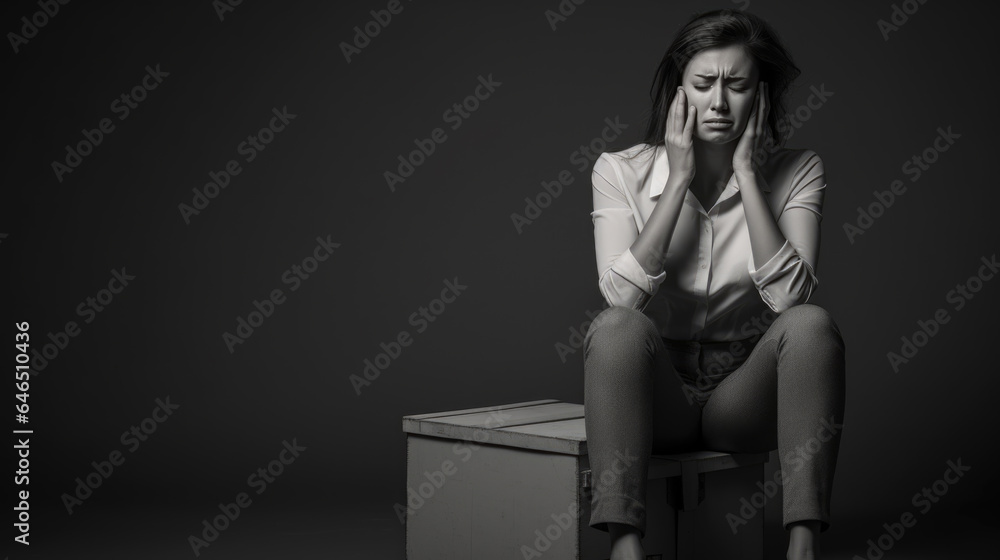 Frustrated fired woman sits among cardboard boxes of her belongings on black background. Frustrated fired woman sits among cardboard boxes of her belongings on black background.