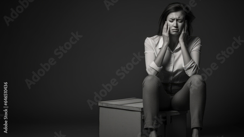 Frustrated fired woman sits among cardboard boxes of her belongings on black background.