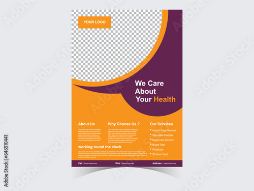 Medical health care flyer brochure template design, flyer template of medical care with white background for text, space for picture and blue wavy lines decoration. vector illustration