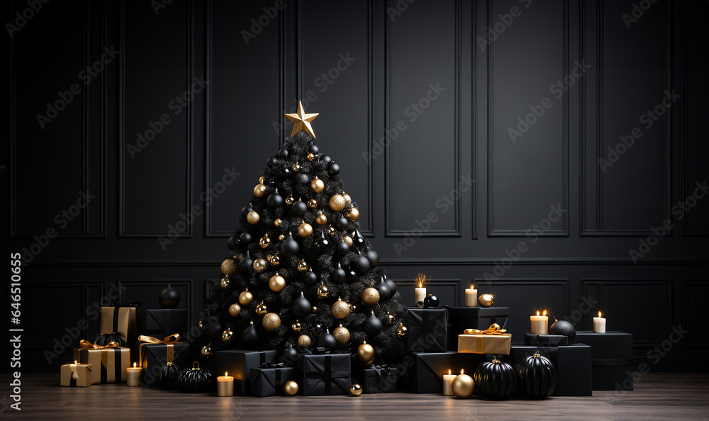 Christmas tree with presents in stylish modern black living room interior. Gold and black Luxurious New Year's interior. Merry Christmas concept