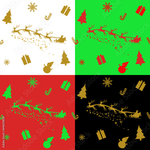 Christmas Tree seamless pattern. Merry Christmas with Silhouette Santa Claus Riding Sleigh flying Reindeer. Wallpaper art with gift box , snowflake , snowboy and candy. photo