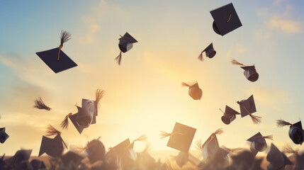 College graduated students throwing their caps up in celebration of graduation