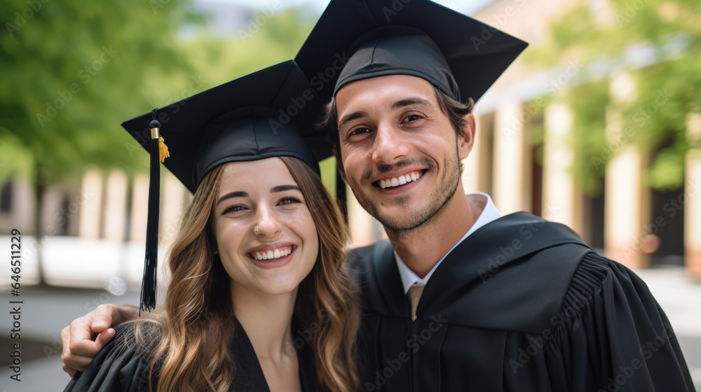 Happy smiling graduating friends in an academic gowns standing in front of college Happy smiling graduating friends in an academic gowns standing in front of college