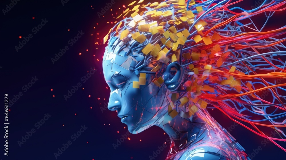 A humanoid robot with color swirling brain motion trails, concept of art, psychology, creativity, imagination, dreams. Generative AI image weber. - obrazy, fototapety, plakaty 