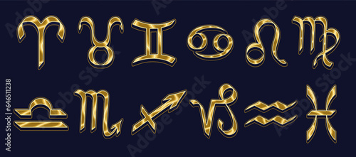 Set with golden icons of zodiac signs. Horoscope esoteric elements. Vintage style.