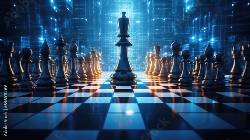 Chess board with chess pieces in an artificial intelligent world on a futuristic sci-fi background