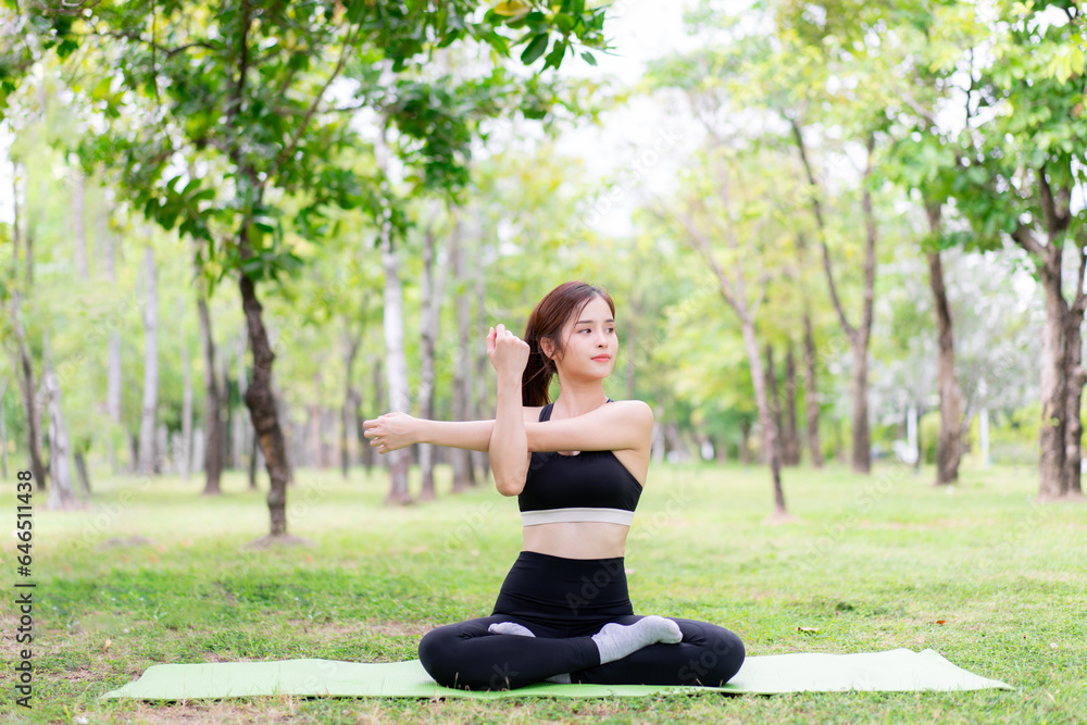 Young woman Finding Inner Peace in Yoga Pose at the Park. Yoga and Meditation Concept. Female exercising and stretching in Nature. Young woman Finding Inner Peace in Yoga Pose at the Park. Yoga and Meditation Concept. Female exercising and stretching in Nature.