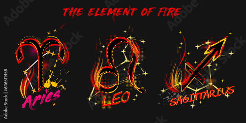 Set with grunge labels witn icons of zodiac sign Aries, Leo, Sagittarius with constellation, text, paint splatter, smudge, brush strokes. Horoscope esoteric element of the element of fire Street style