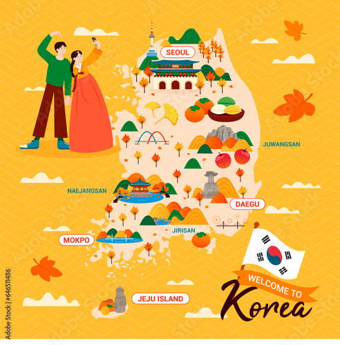 Attractive Korea travel map vector illustration. Traveling in Korea during autumn season