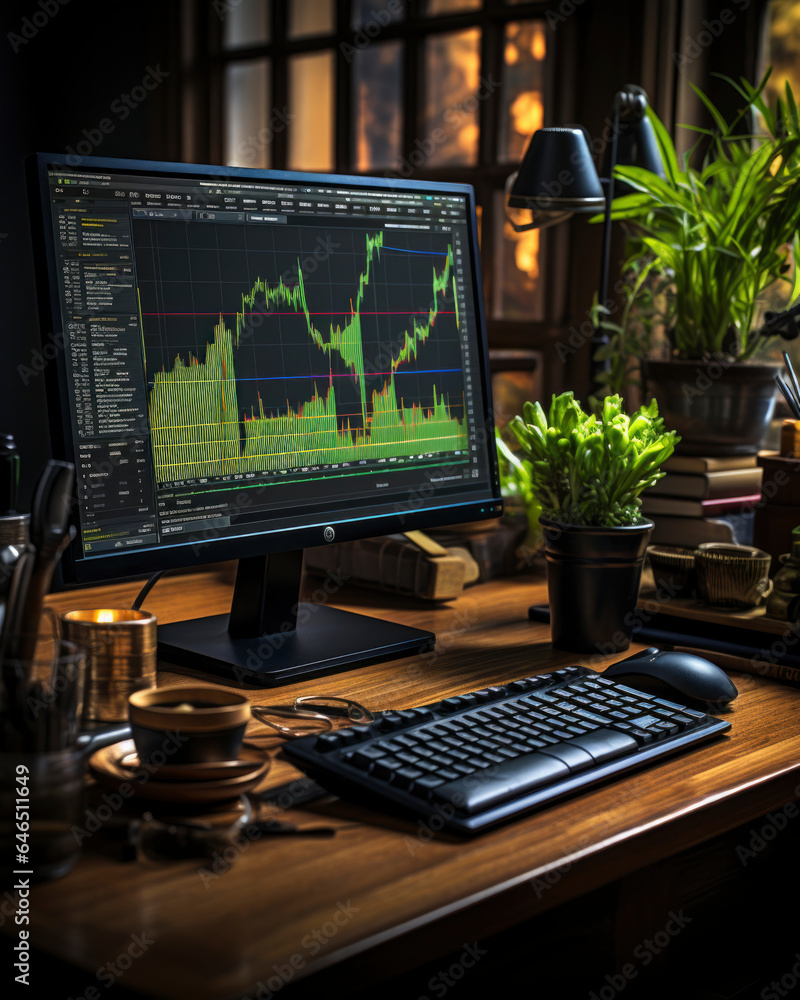 stock exchange worker's desktop with charts on computer. finance analysis, stock trading concept. stock exchange worker's desktop with charts on computer. finance analysis, stock trading concept.