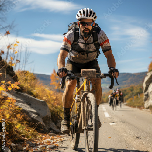 Outdoor activity, local travel , bicycle trekking on nature , sport and trip concept. man in helmet on bicycle rides on wild road in forest
