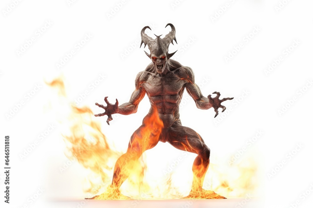Demonic figure with muscular build and red skin standing in a ring of fire Demonic figure with muscular build and red skin standing in a ring of fire