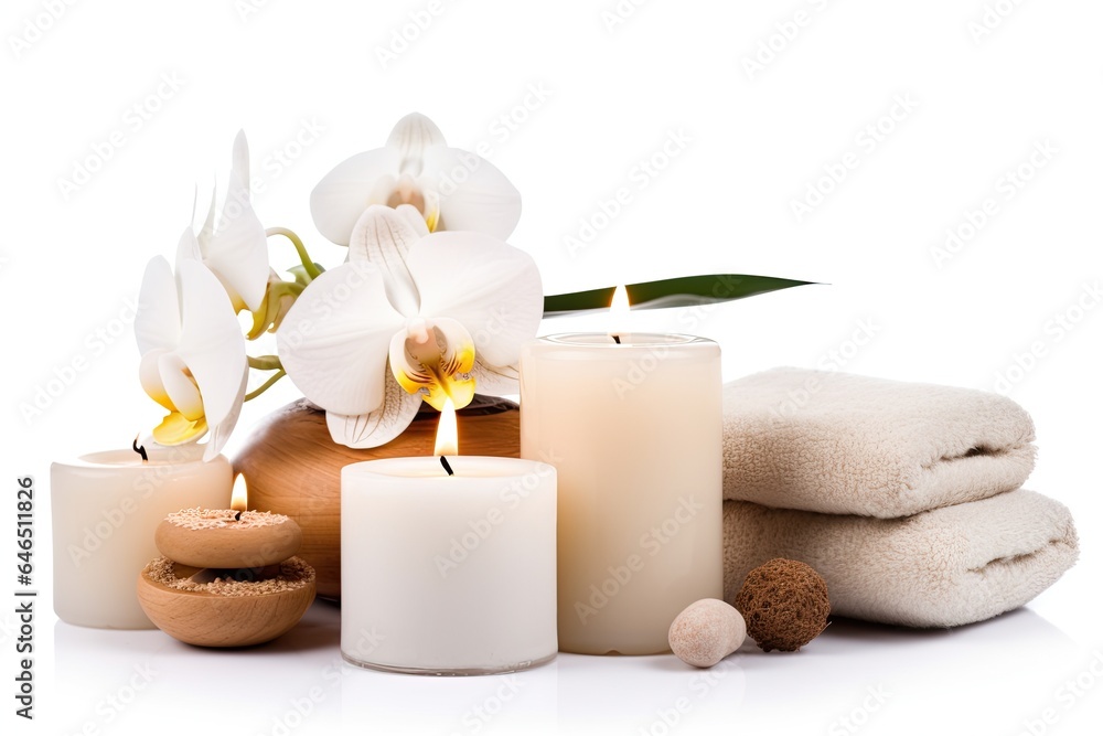 A spa setting with white orchids, candles, and towels A spa setting with white orchids, candles, and towels