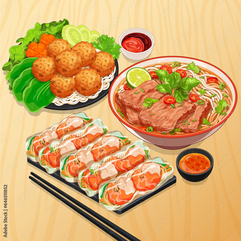 Vietnamese food menu banner vector. Pho vietnamese noodle. Fresh spring rolls with shrimp (Gỏi Cuốn). Vietnam meatball (Bún Chả). Pho beef noodle vietnamese cuisine menu. Vietnamese food illustration.
