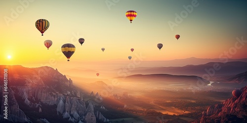 Colorful hot air balloons floating over a mountainous landscape at sunrise