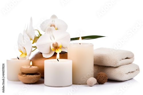 A spa setting with white orchids, candles, and towels