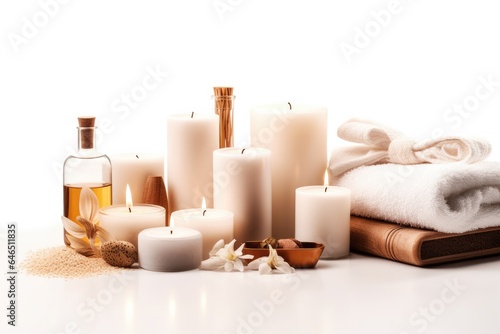 A spa setting with white towels, candles, and massage oil