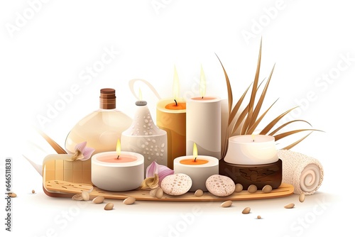 A spa setting with candles, massage oil, and rocks