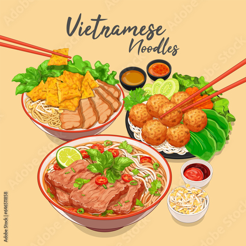 Vietnamese food menu banner vector. Pho vietnamese noodles. Vietnam meatball (Bún Chả). Vietnam noodles rice crackers (Cao lầu). Pho beef noodle vietnamese cuisine menu. Vietnamese food illustration.