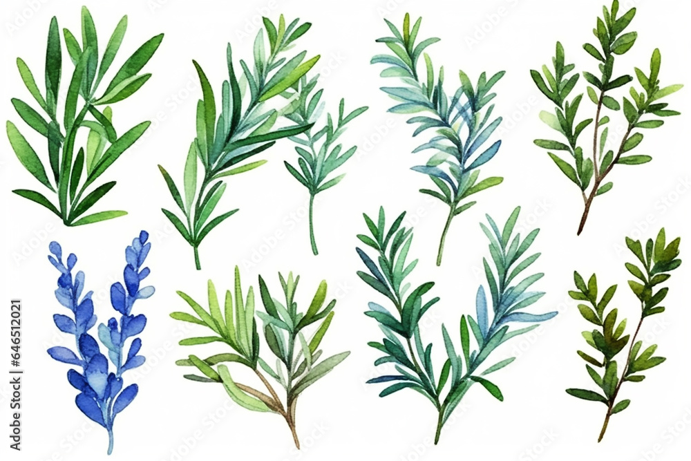 Obraz premium Set of rosemary sprigs in watercolor style. Generative AI