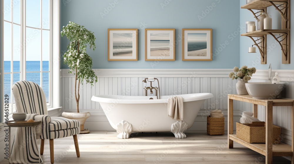 Bathroom in blue and white color, inspired beach design