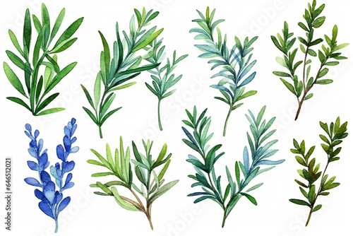 Set of rosemary sprigs in watercolor style. Generative AI