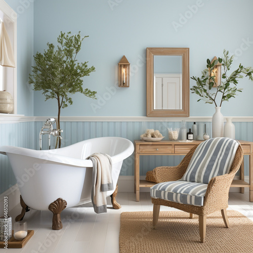 Bathroom in blue and white color  inspired beach design